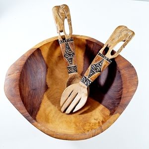 Wood Salad Bowl Set with Wood Carved Elephants